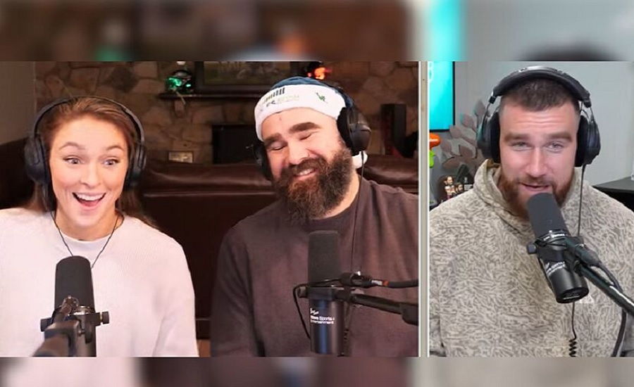 Jason Kelce and Wife and Travis Kelce on New Heights