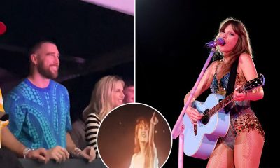 Taylor Swift pointing to Travis at Sydney tour