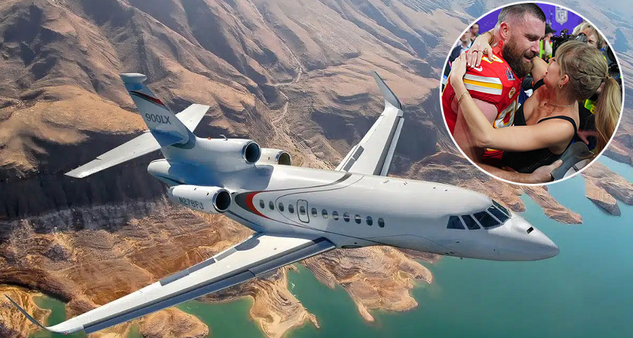 Travis Kelce and Taylor Swift with her Jet