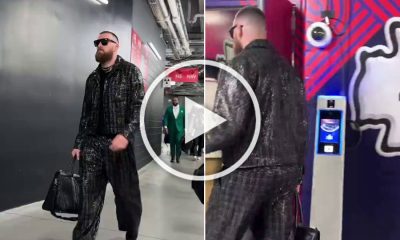 Travis Kelce arrives at Allegiant Stadium