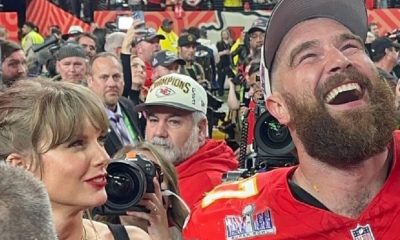 Travis Kelce laughs with Taylor Swift after winning the Super Bowl
