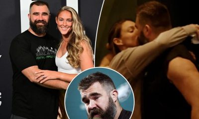 Jason Kelce kisses wife wife Kylie after teary NFL retirement speech