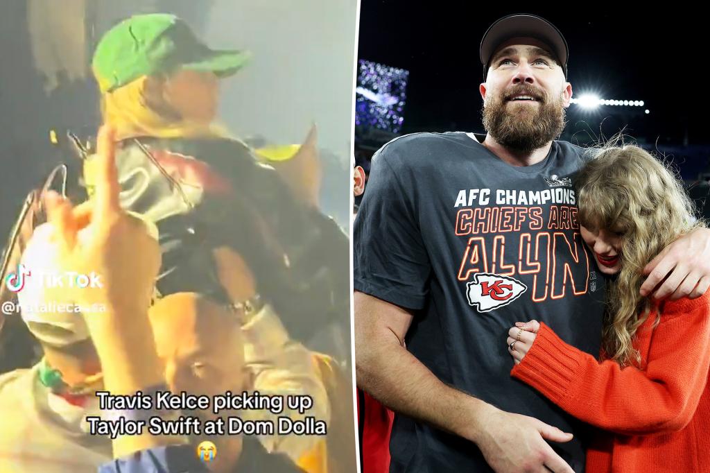 Travis Kelce lifts Taylor Swift up in the air