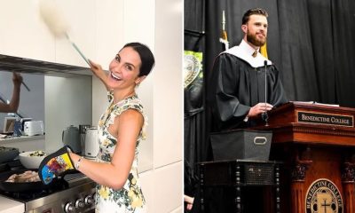 After pretending to attend the graduation speech - Laura enthusiastically ripped off her graduation outfit to reveal a 1950s style floral dress