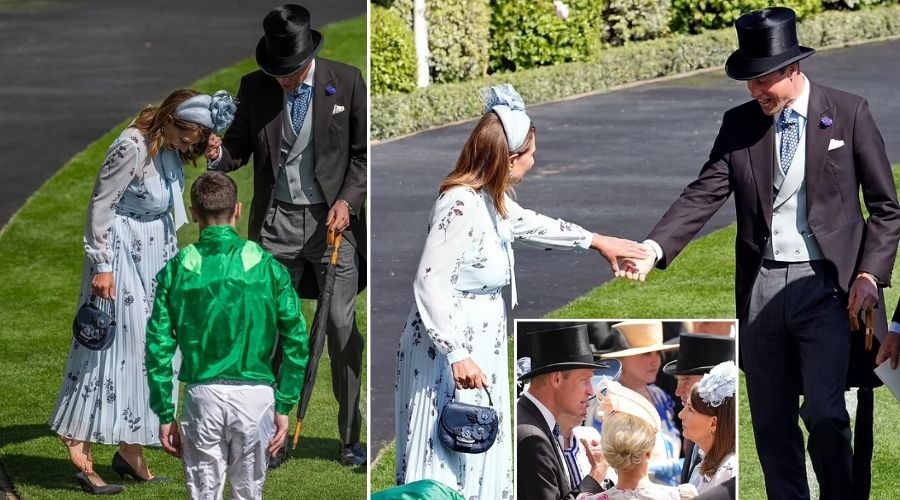 Carole Middleton grabs hold of son-in-law Prince William's hand as she gets her heel stuck in the grass