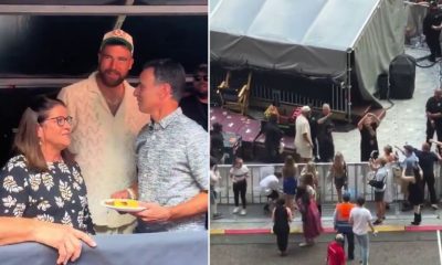 Travis Kelce, Andrea and Scott arrive to the VIP tent for London Night 3 of The Eras Tour!