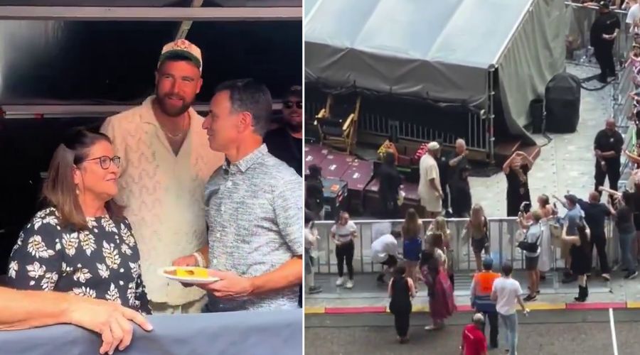 Travis Kelce, Andrea and Scott arrive to the VIP tent for London Night 3 of The Eras Tour!