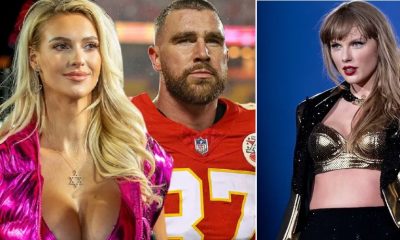 Travis Kelce and a model having eyes on him and Taylor Swift