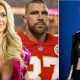 Travis Kelce and a model having eyes on him and Taylor Swift