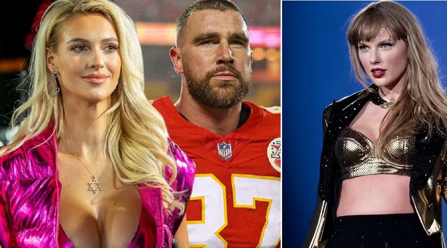 Travis Kelce and a model having eyes on him and Taylor Swift