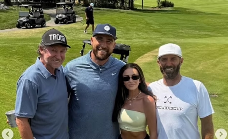 Travis Kelce enjoys round of golf with Wayne Gretzky and Dustin Johnson on Father's Day - as girlfriend Taylor Swift tours Britain