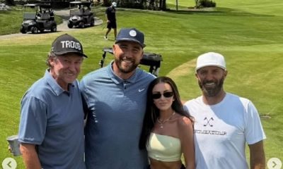 Travis Kelce enjoys round of golf with Wayne Gretzky and Dustin Johnson on Father's Day - as girlfriend Taylor Swift tours Britain