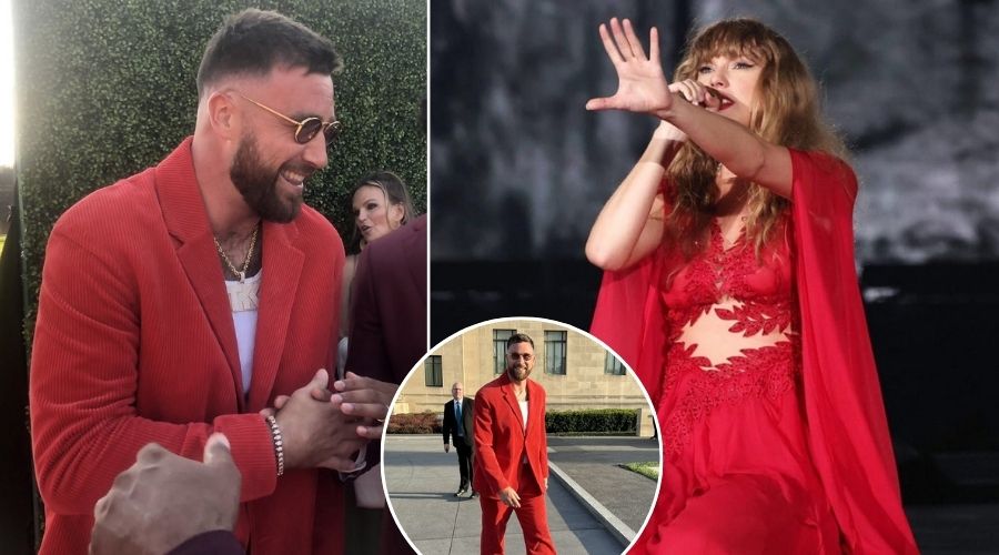 Travis Kelce wearing same as Taylor Swift's red outfit
