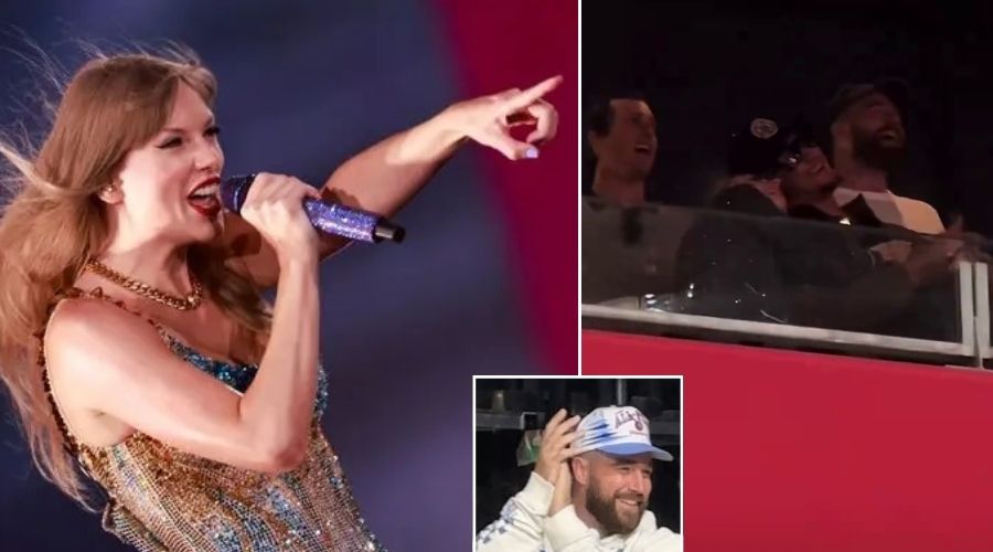 Taylor Swift pointing to Travis Kelce